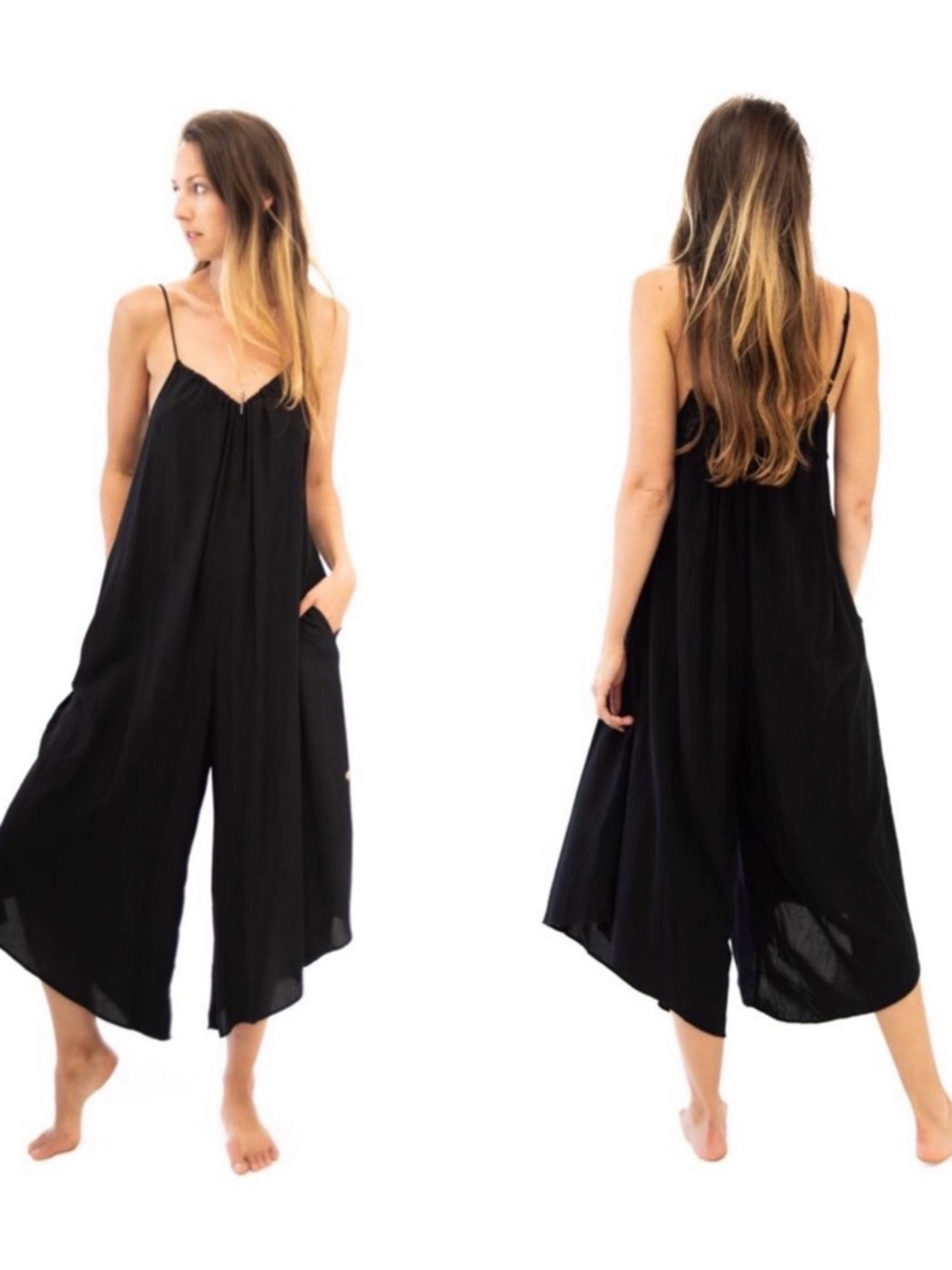 TYSA Playsuit — Black Spaghetti-Strap Wide-Leg Jumpsuit